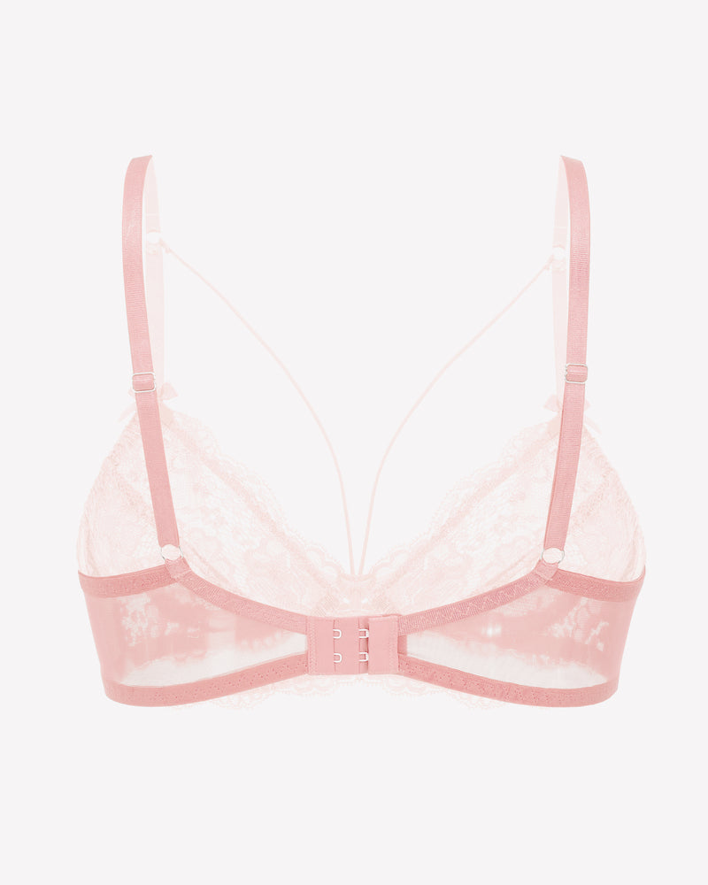 Pink lace strappy bra with underwire support. Sexy lingerie for women.
