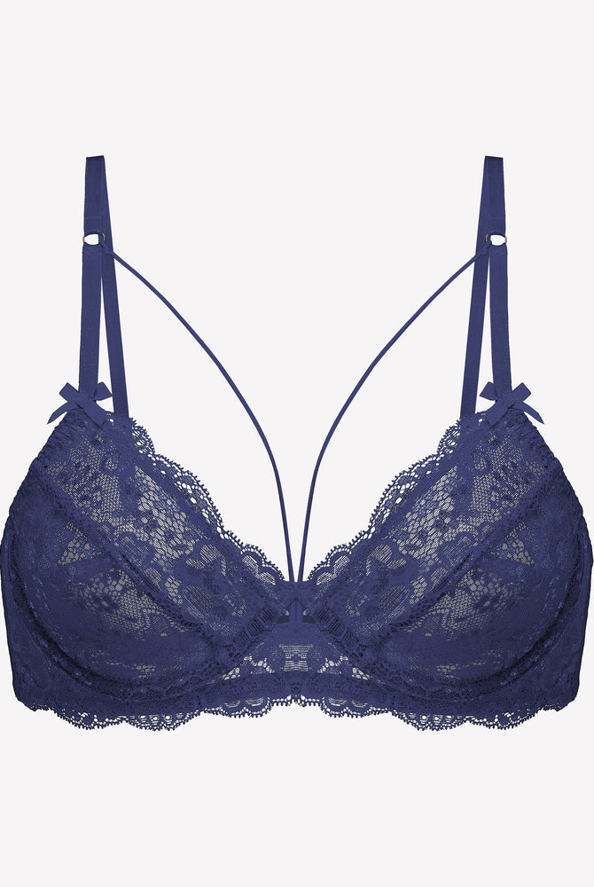 Navy blue lace strappy bra with underwire support. Sexy lingerie for women.