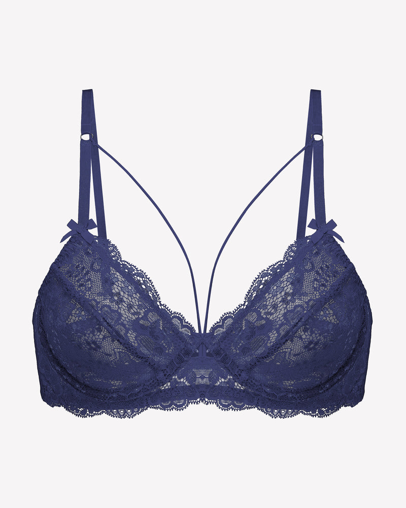 Navy blue lace strappy bra with underwire support. Sexy lingerie for women.