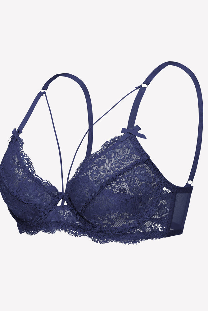 Navy blue lace strappy bra with underwire support and see-through design. Sexy lingerie.