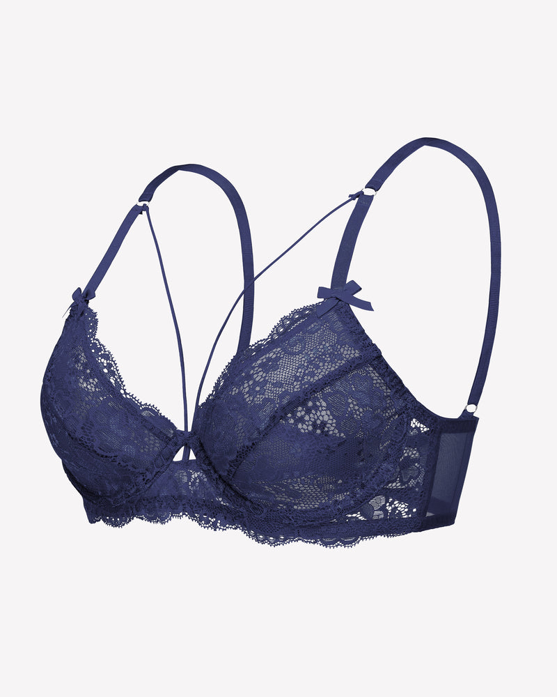 Navy blue lace strappy bra with underwire support and see-through design. Sexy lingerie.