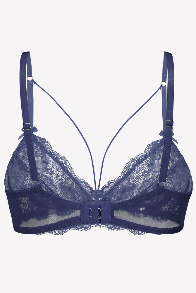 Navy blue lace strappy bra with underwire. Sexy lingerie.