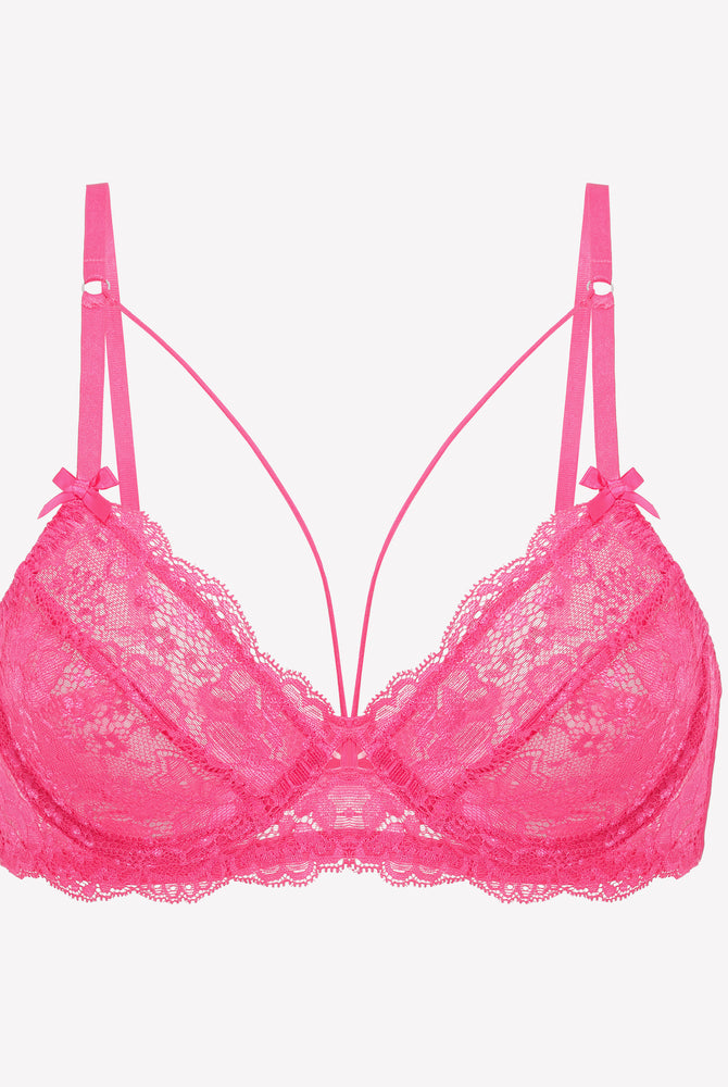 Pink lace unlined strappy bra with adjustable straps and underwire support, perfect for a sexy look.
