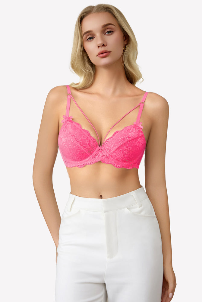 Pink lace strappy bra with underwire support and see-through design. Sexy lingerie.