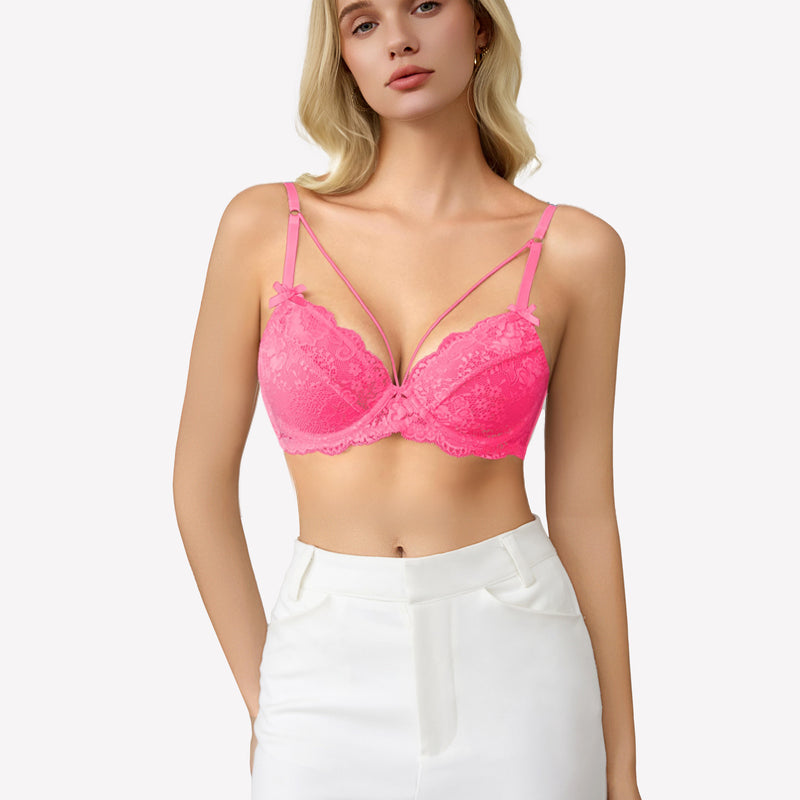 Pink lace strappy bra with underwire support and see-through design. Sexy lingerie.