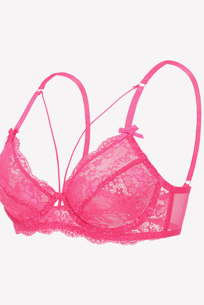 Pink lace unlined strappy bra with adjustable straps and underwire support.