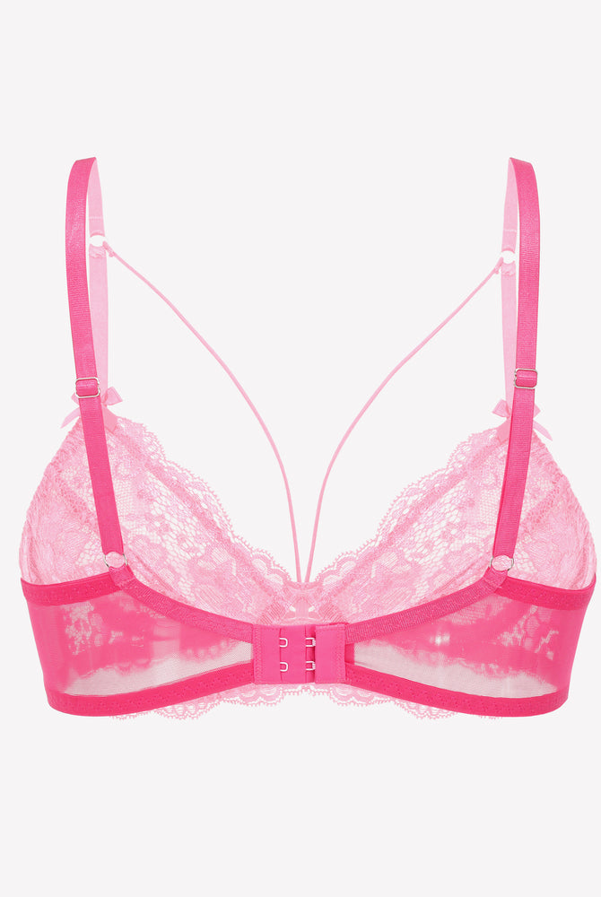 Pink lace unlined strappy bra with adjustable straps and underwire support