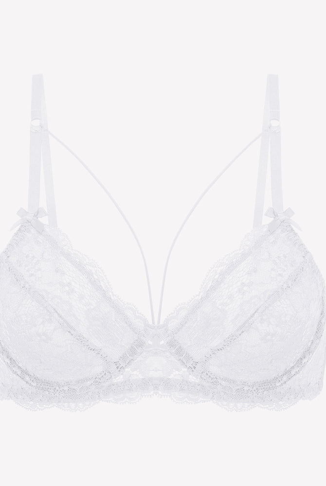 White lace strappy bra with underwire support and see-through design. Sexy lingerie
