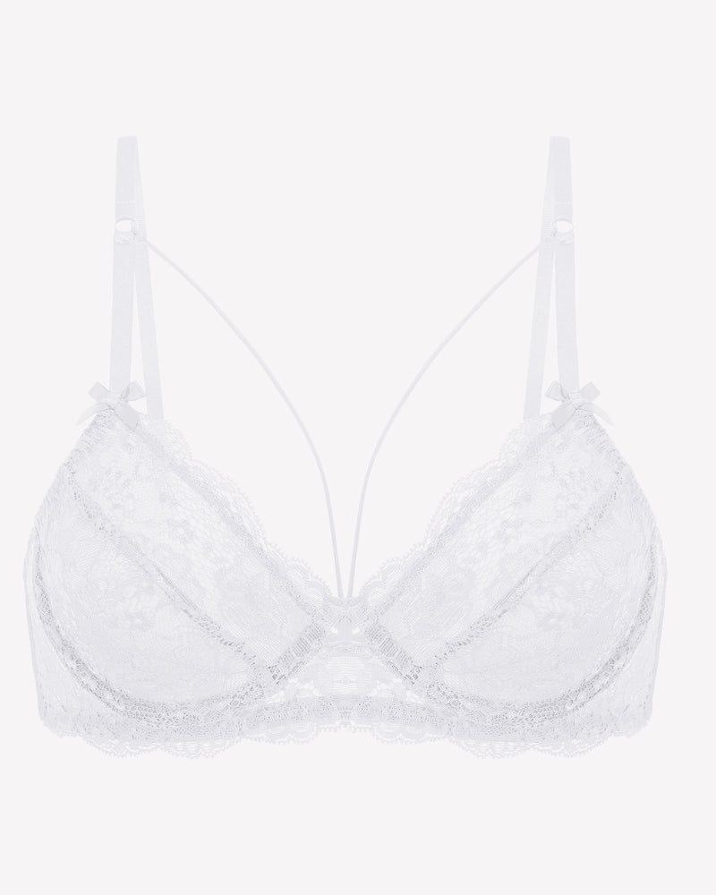White lace strappy bra with underwire support and see-through design. Sexy lingerie