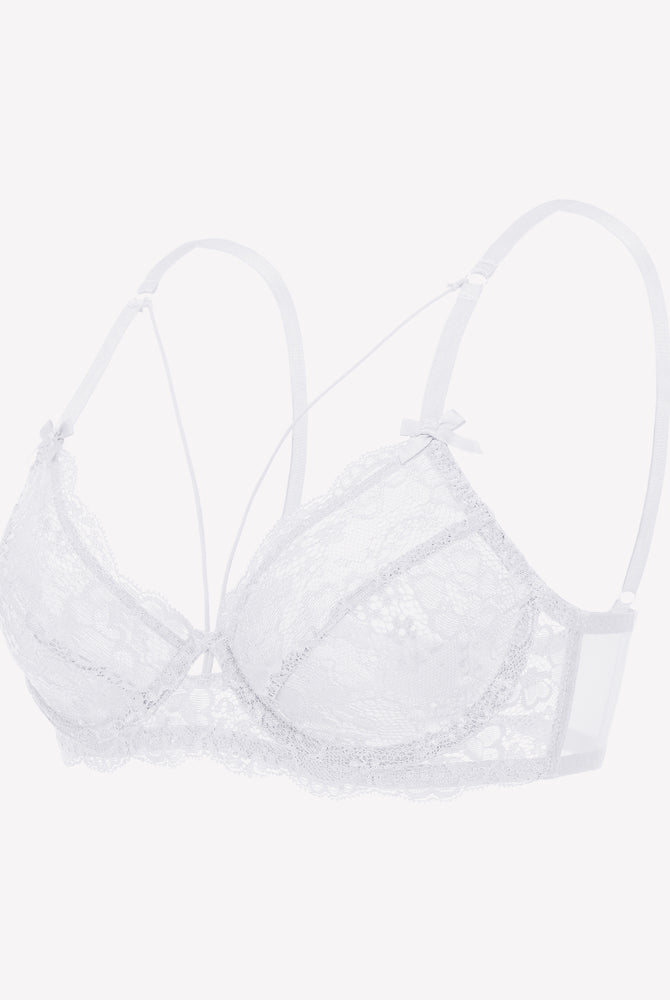 White lace strappy bra with underwire support. Sexy unlined lingerie for women.