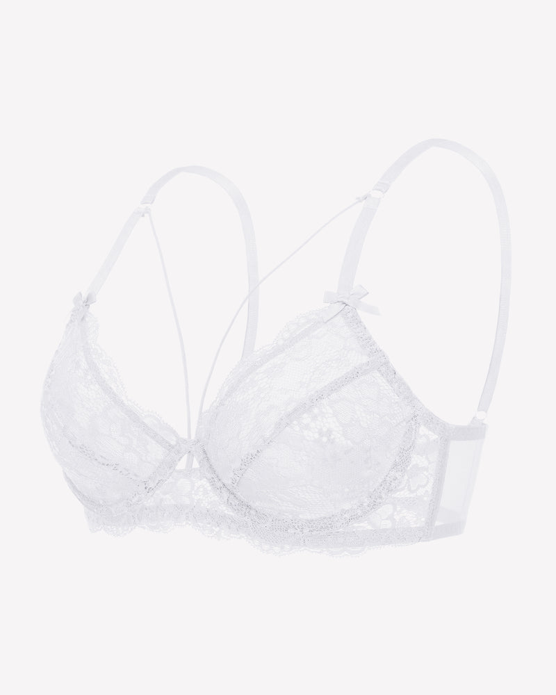 White lace strappy bra with underwire support. Sexy unlined lingerie for women.