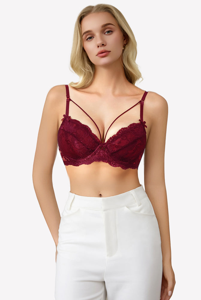 Burgundy lace strappy bra with underwire and see-through design. Sexy lingerie for women.