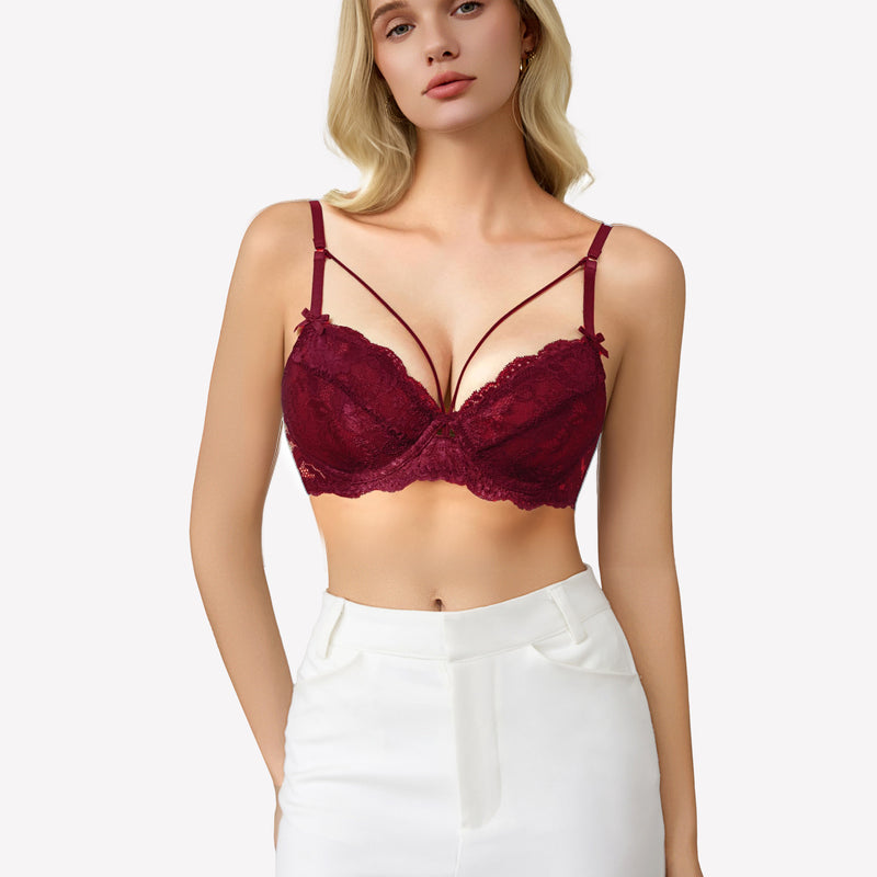 Burgundy lace strappy bra with underwire and see-through design. Sexy lingerie for women.