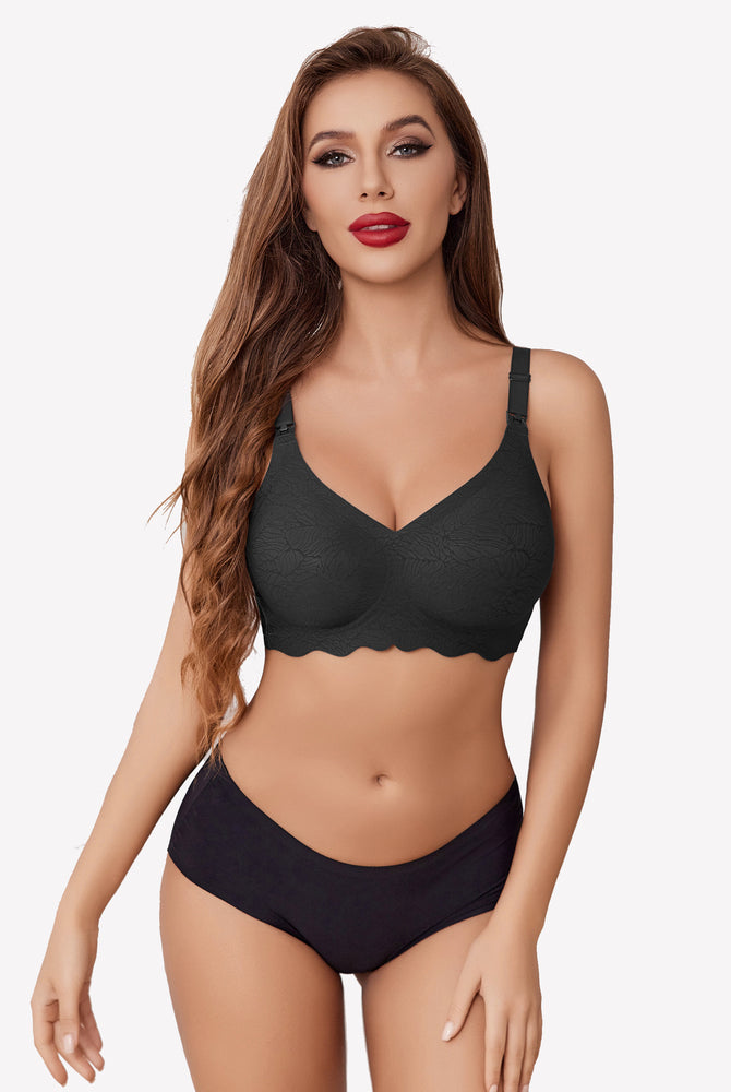 Black seamless maternity bra on a woman, ultra-comfortable & super stretch.