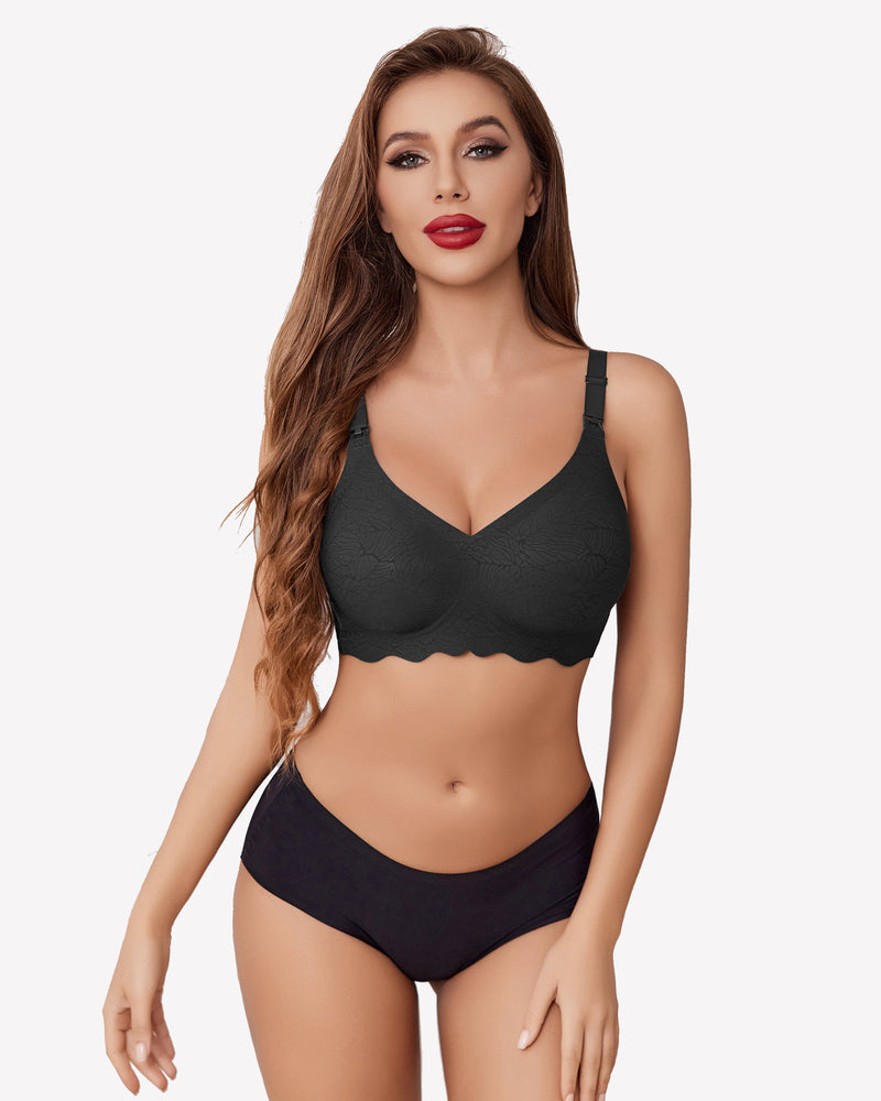 Black seamless maternity bra on a woman, ultra-comfortable & super stretch.