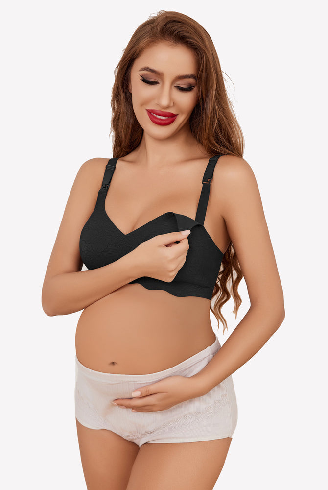 Pregnant woman wearing black seamless maternity bra, soft and comfortable for nursing mothers
