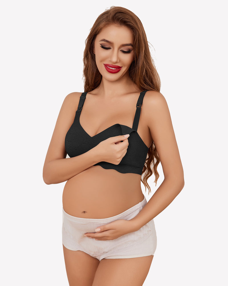 Pregnant woman wearing black seamless maternity bra, soft and comfortable for nursing mothers