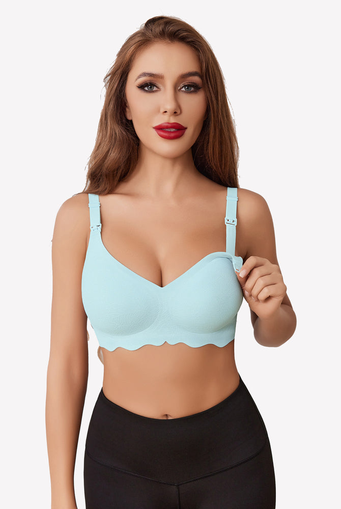Seamless light blue maternity bra, offering comfort and support for nursing mothers. Ultra stretch.