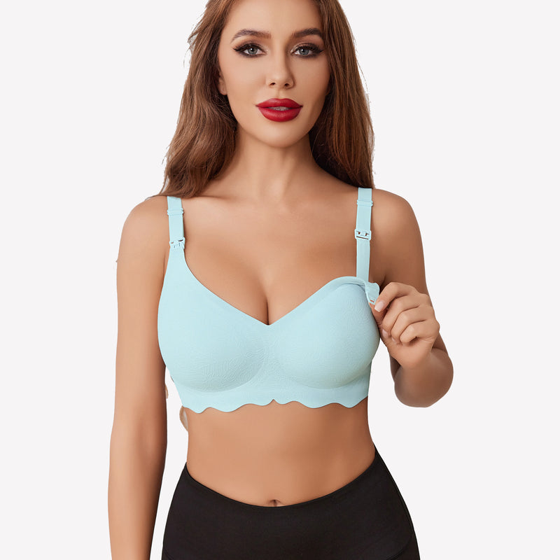 Seamless light blue maternity bra, offering comfort and support for nursing mothers. Ultra stretch.
