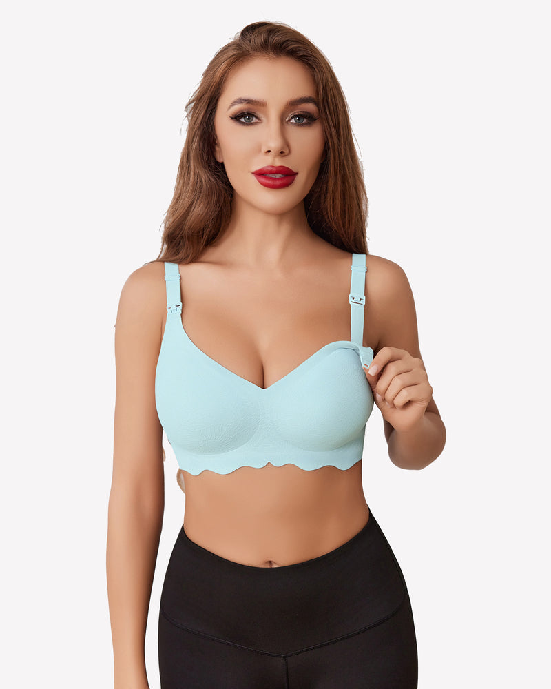 Seamless light blue maternity bra, offering comfort and support for nursing mothers. Ultra stretch.