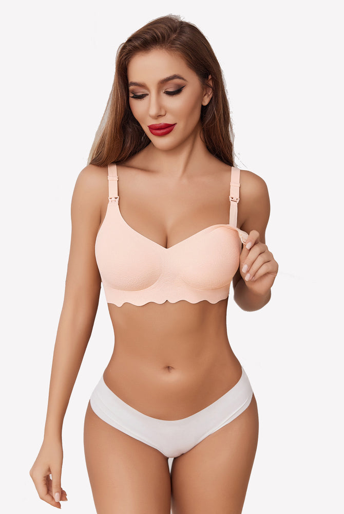 Peach seamless maternity bra with nursing access and scalloped edges, ultra-comfortable design