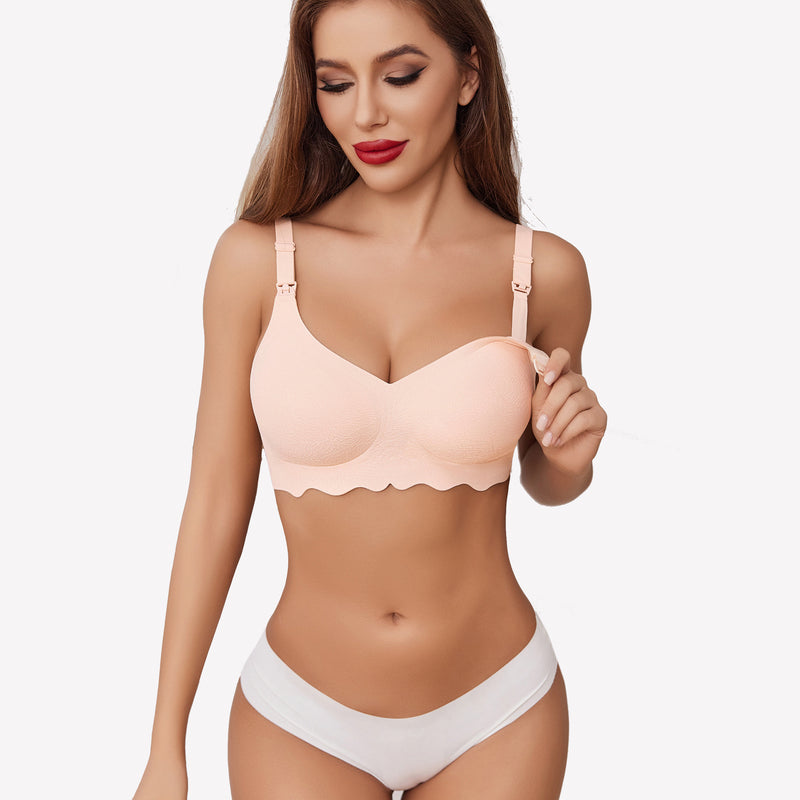 Peach seamless maternity bra with nursing access and scalloped edges, ultra-comfortable design