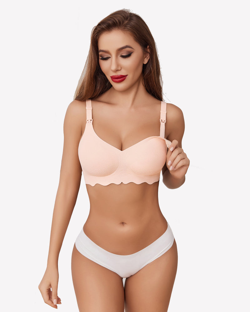 Peach seamless maternity bra with nursing access and scalloped edges, ultra-comfortable design