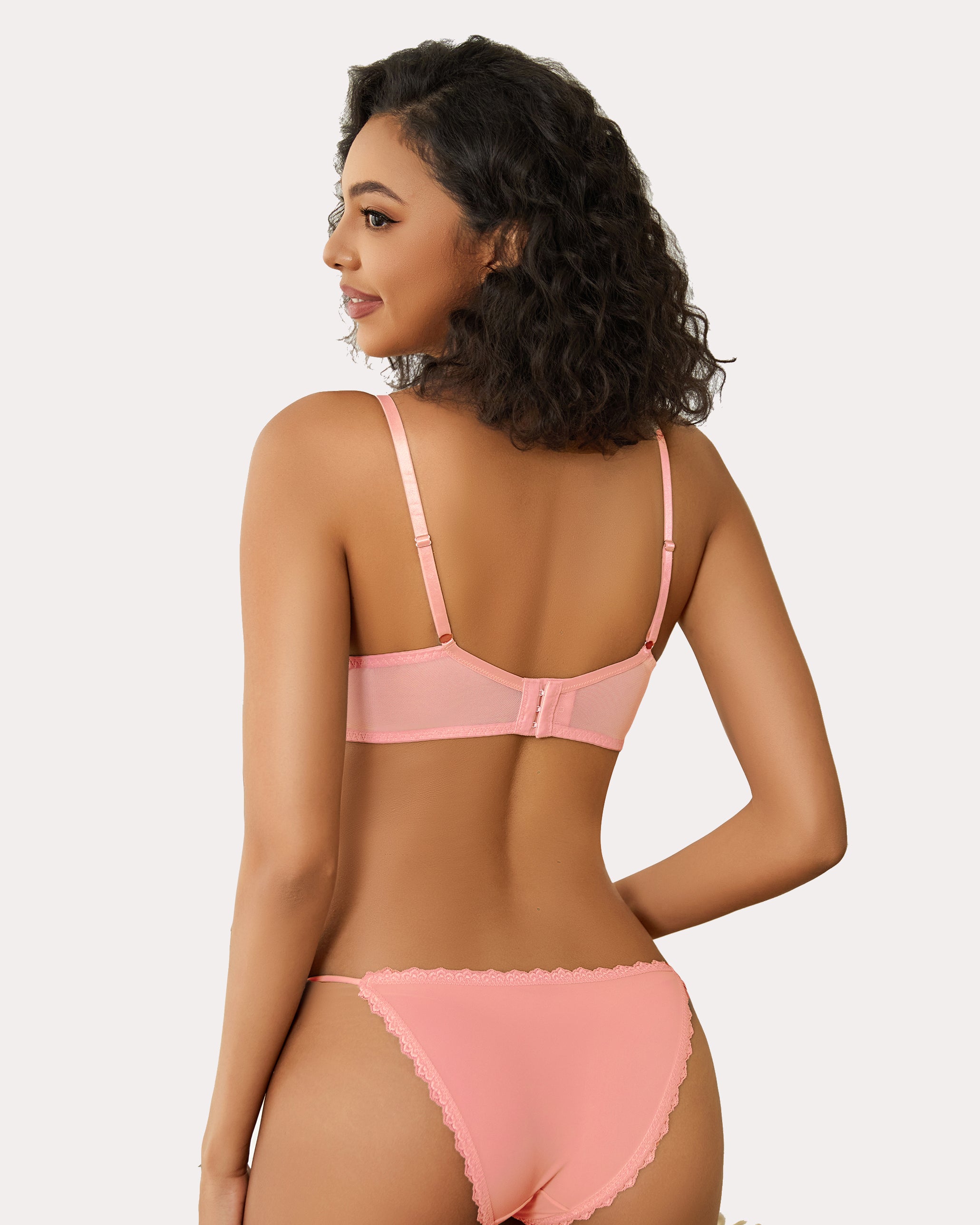 Pink minimizer bra and panty set for large breasts with sheer design. Sexy lingerie.