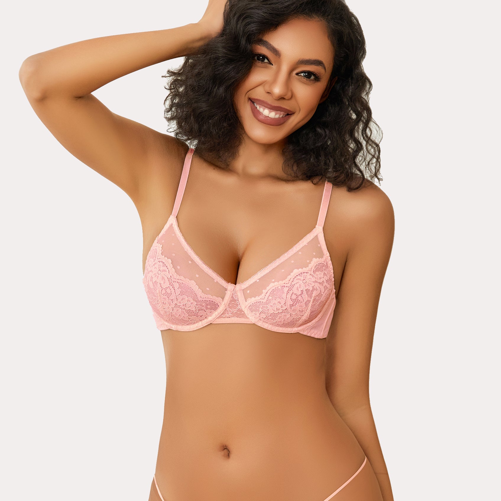 Pink floral lace minimizer bra and panty set for large breasts. Sheer design lingerie.