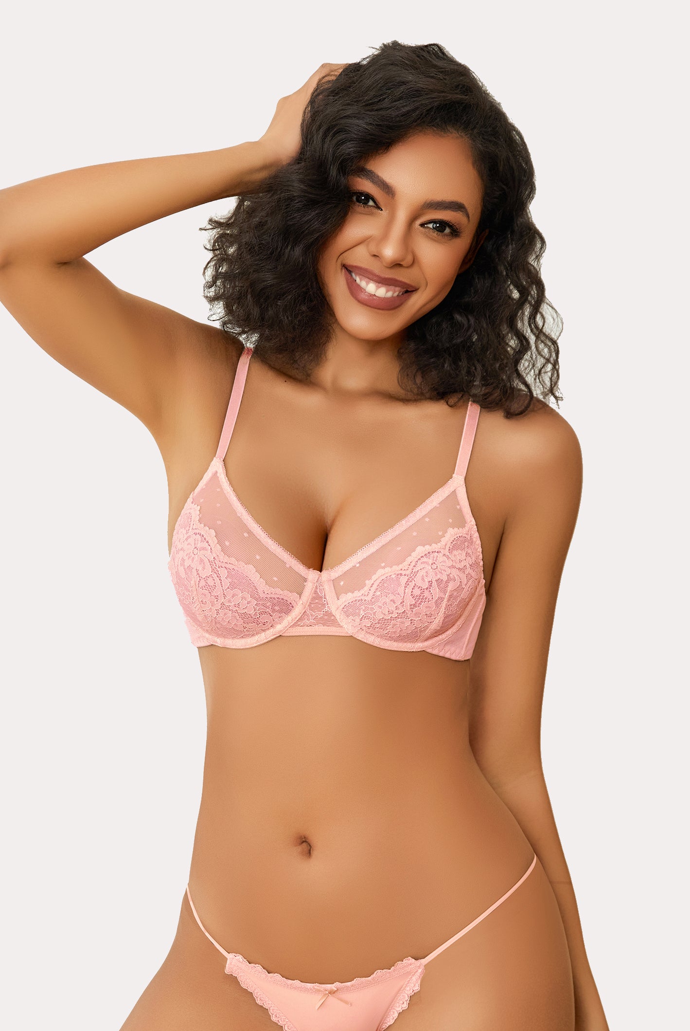 Pink floral lace minimizer bra and panty set for large breasts. Sheer design lingerie.