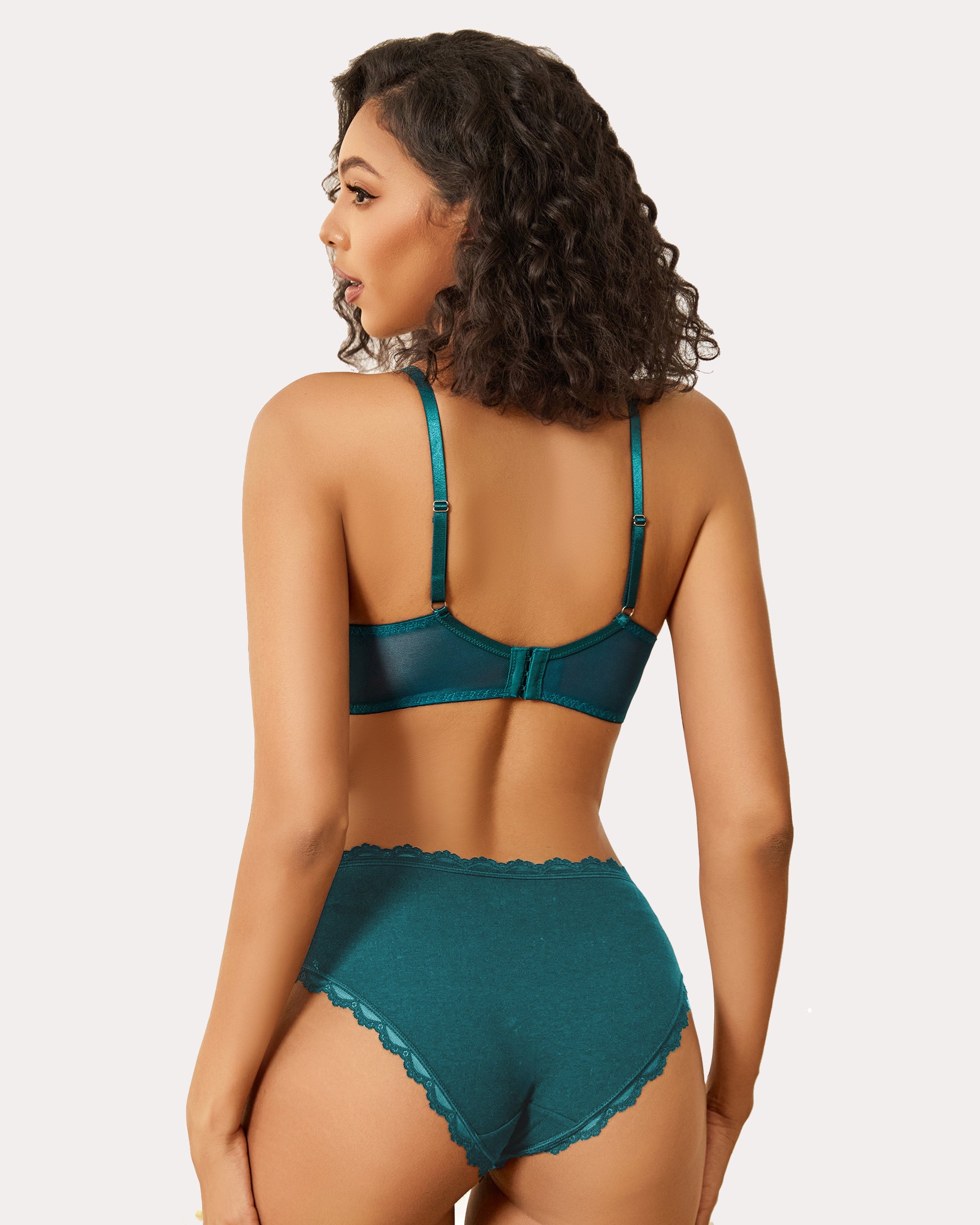 Teal minimizer bra and panty set for large breasts with lace trim. Sexy lingerie.