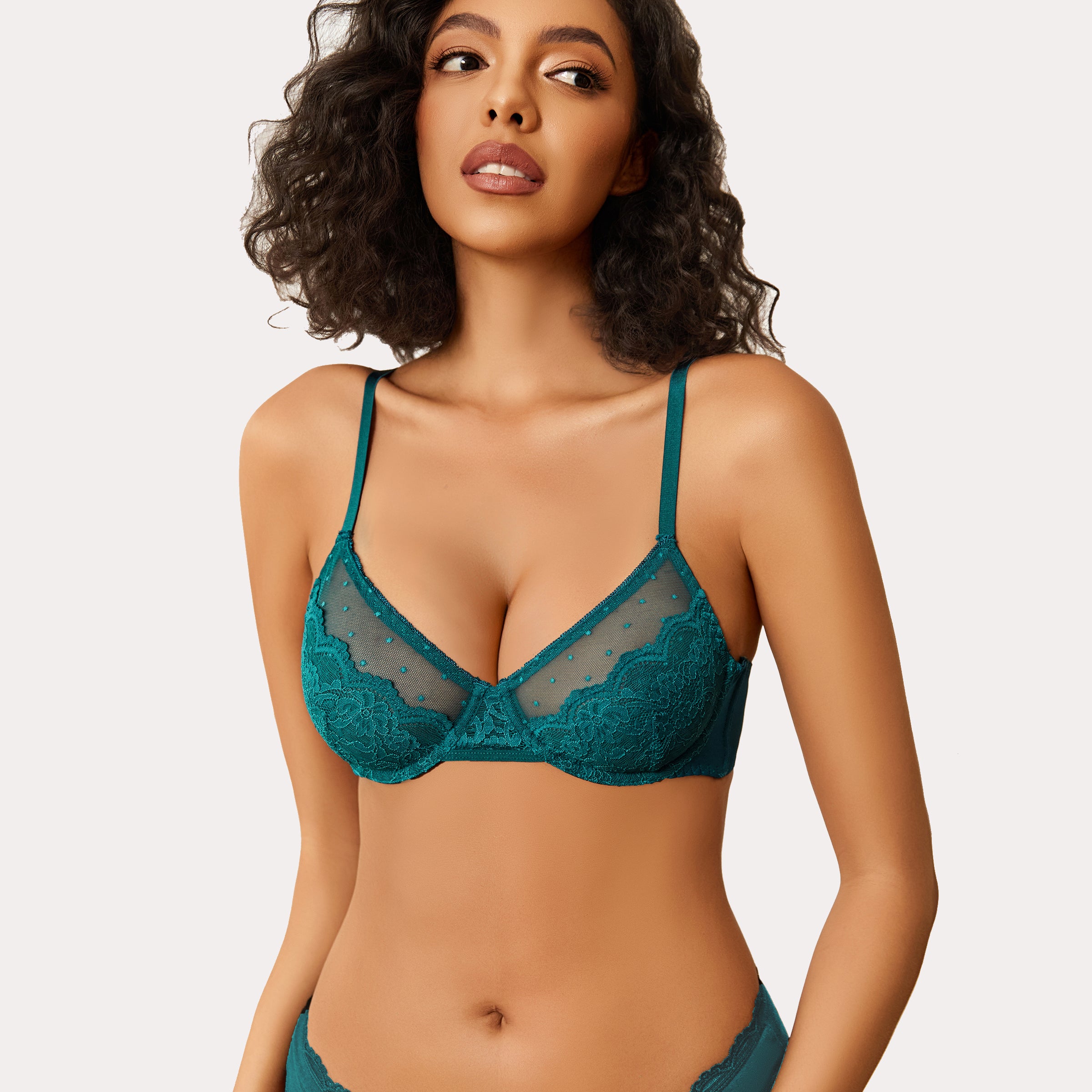 Teal minimizer bra and panty set with floral lace and sheer design for large breasts. Sexy lingerie.
