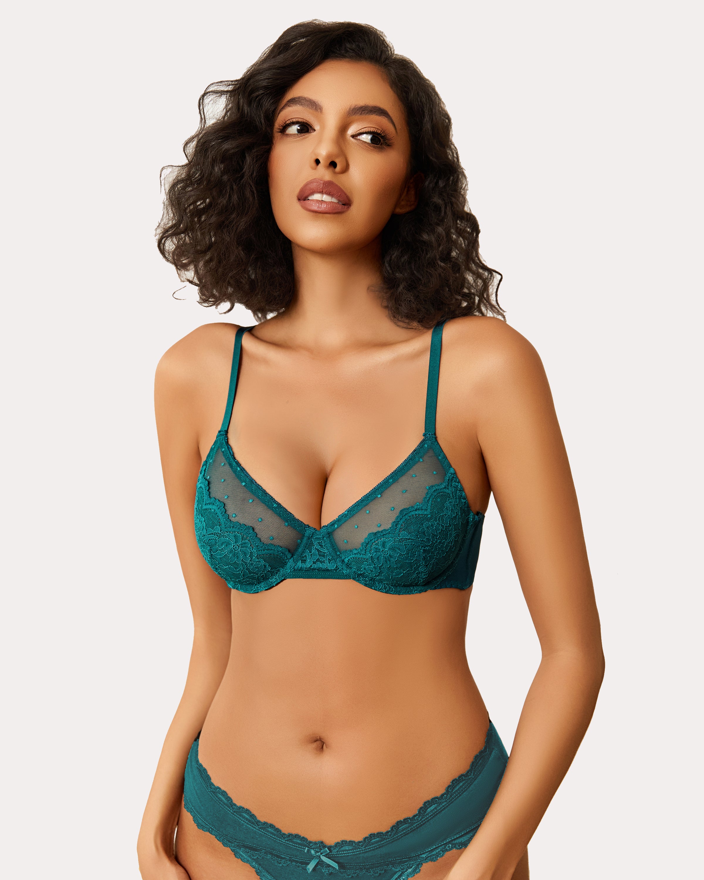 Teal minimizer bra and panty set with floral lace and sheer design for large breasts. Sexy lingerie.