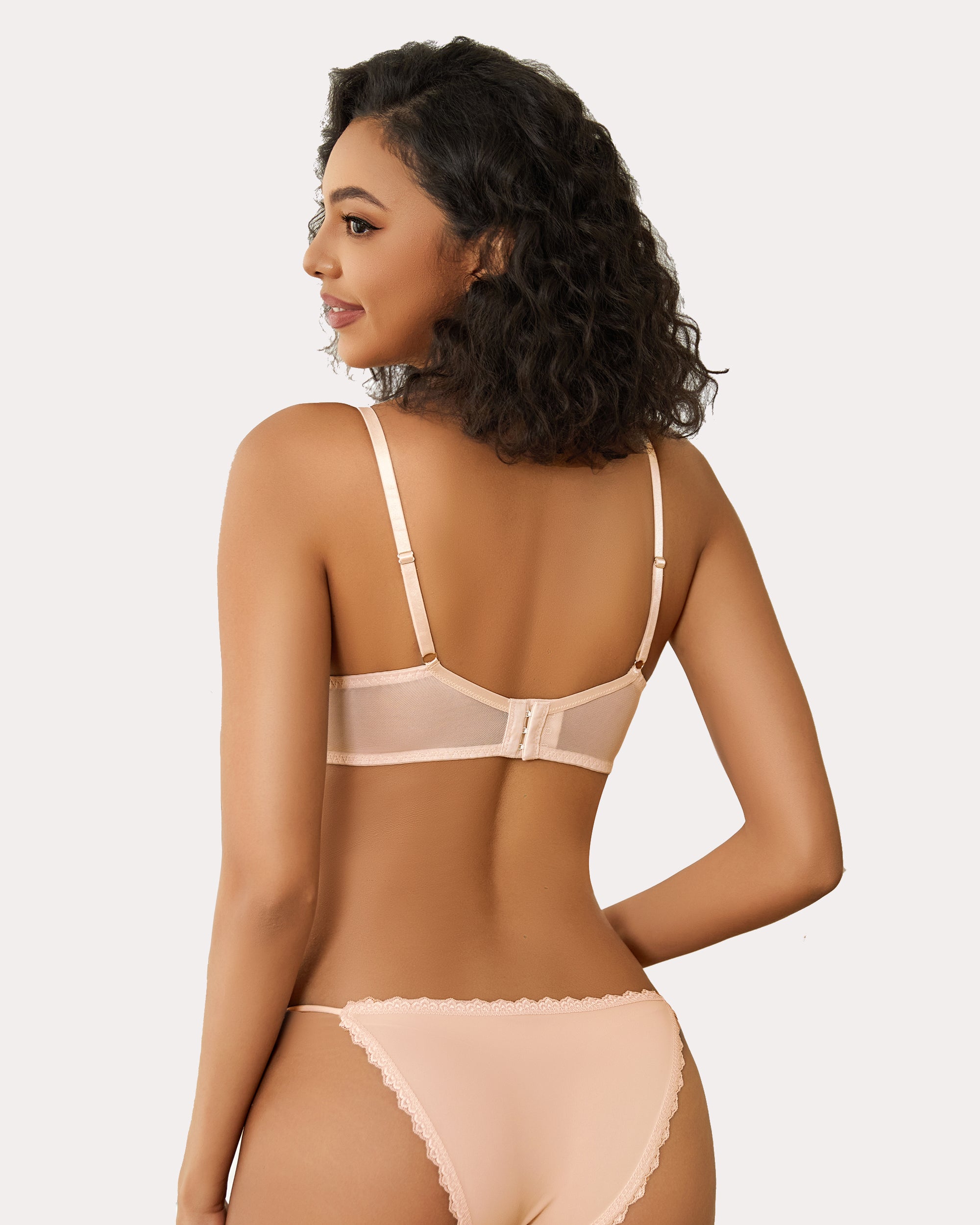 Peach minimizer bra and panty set for large breasts with sheer design. Sexy lingerie.
