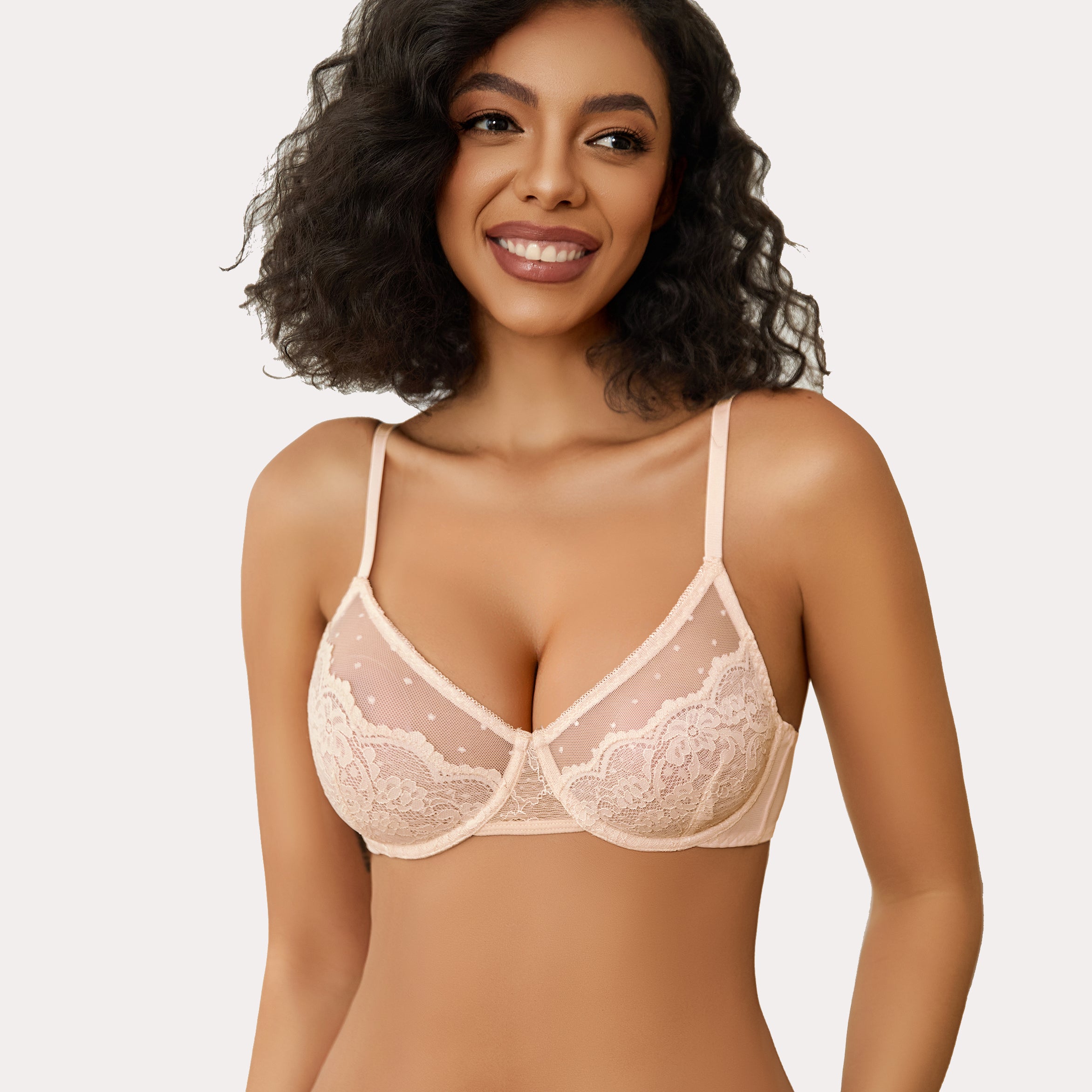 Peach minimizer bra with floral lace and sheer design for large breasts. Sexy lingerie.