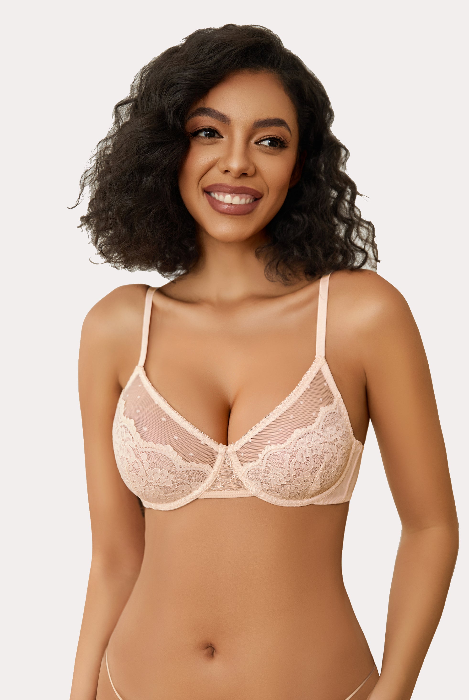 Peach minimizer bra with floral lace and sheer design for large breasts. Sexy lingerie.