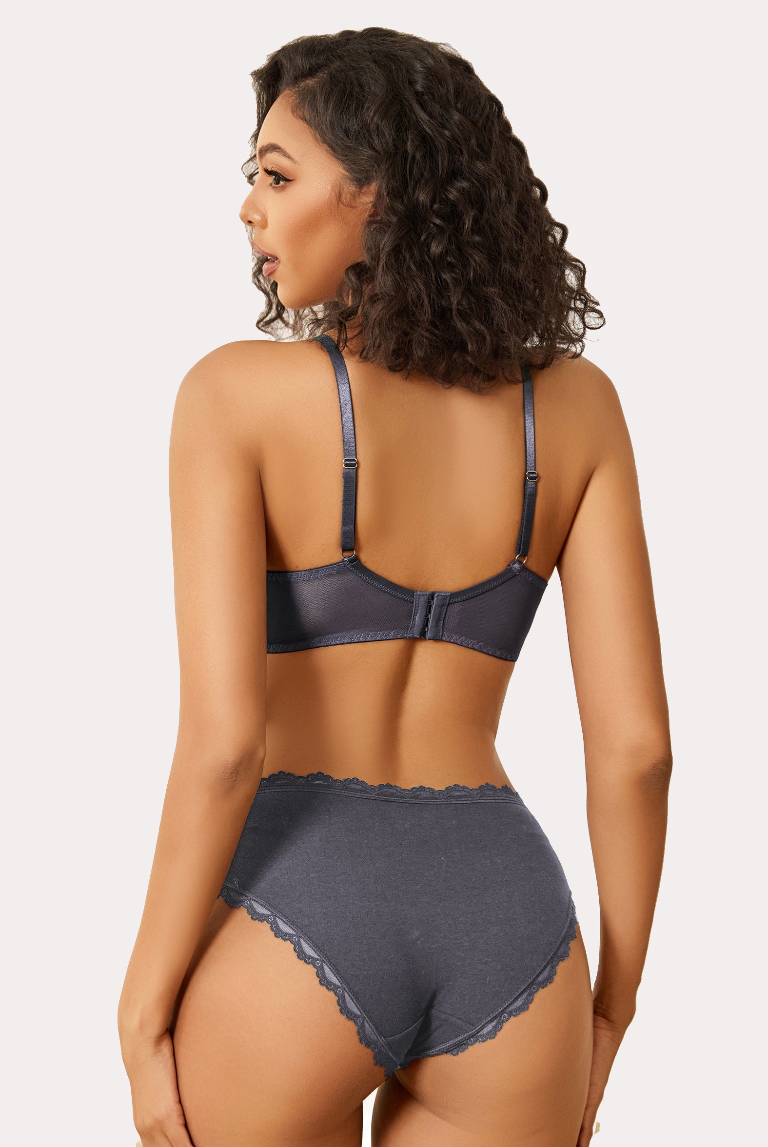 Gray minimizer bra and panty set for large breasts with lace trim. Sexy lingerie.