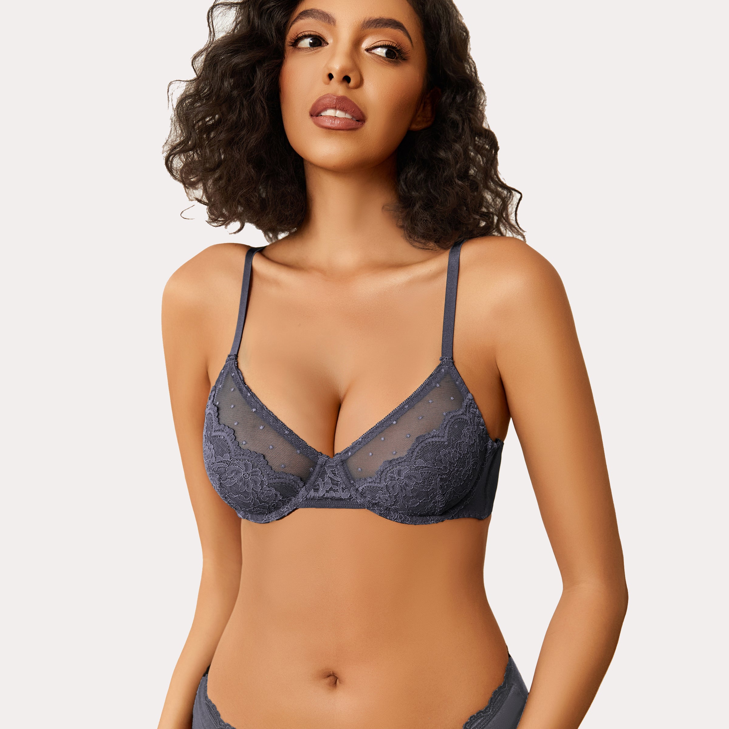 Slate blue minimizer bra and panty set with floral lace for large breasts. Sexy lingerie.