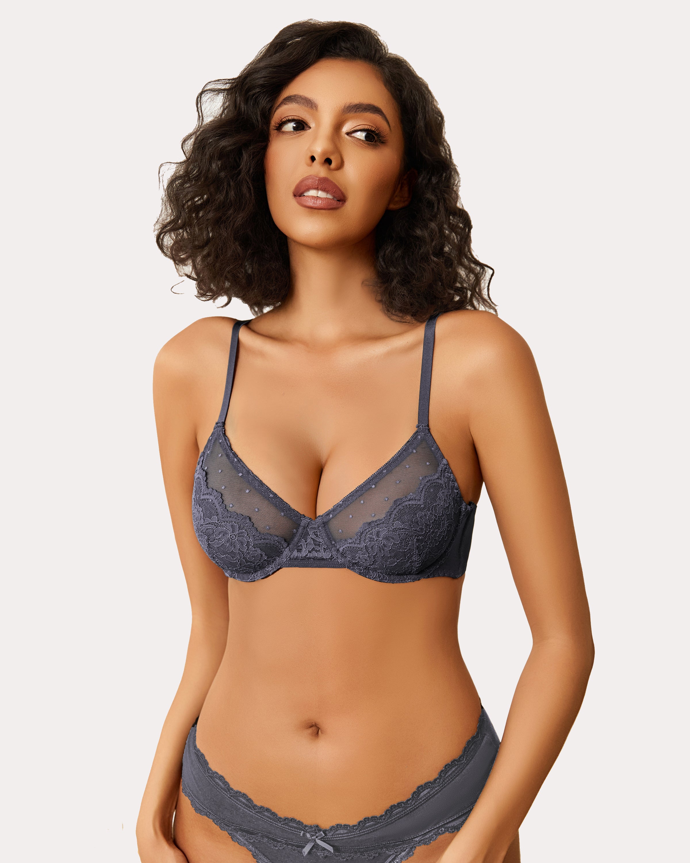 Slate blue minimizer bra and panty set with floral lace for large breasts. Sexy lingerie.