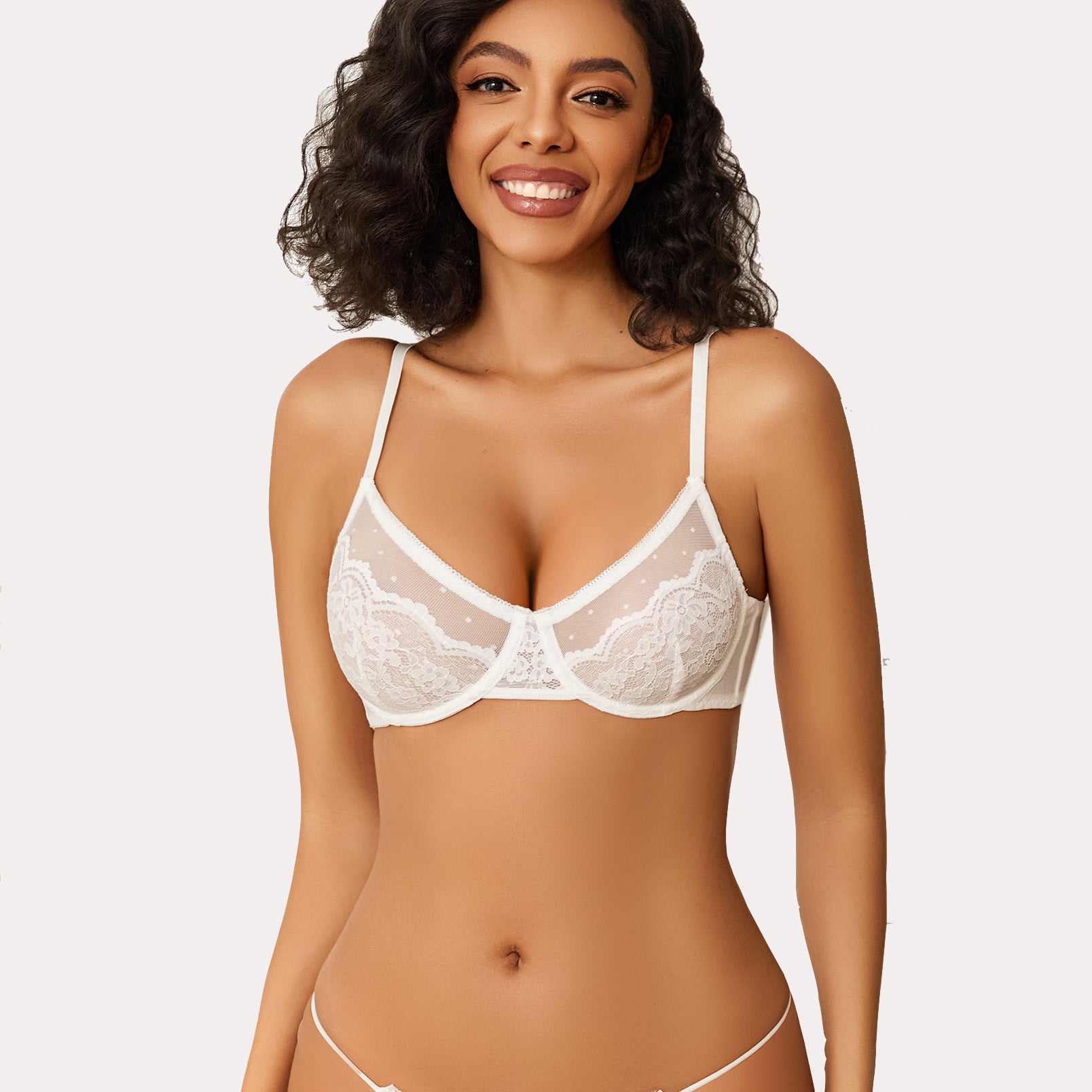 White floral lace minimizer bra and panty set for large breasts. Sheer design lingerie.