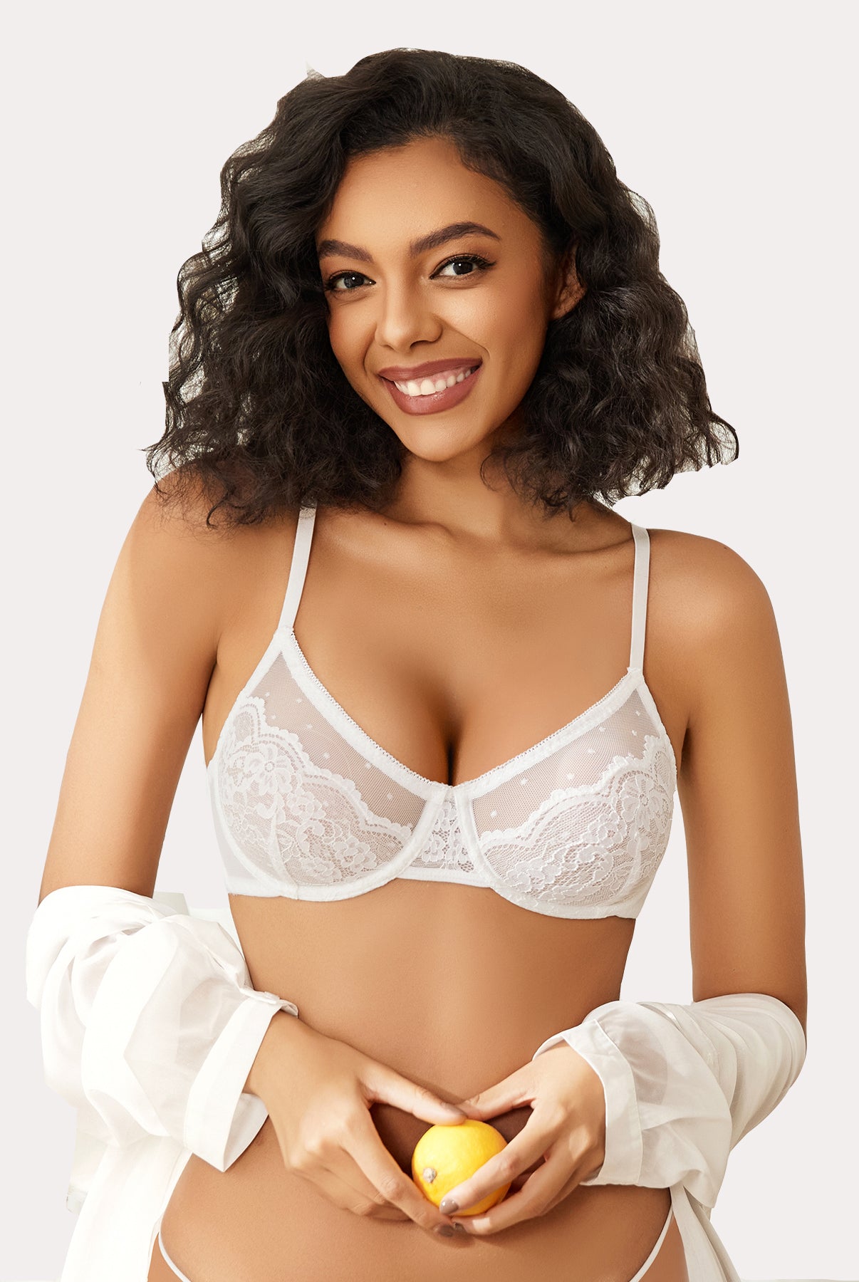 White floral lace minimizer bra for large breasts. Sheer design lingerie. Sexy lingerie.