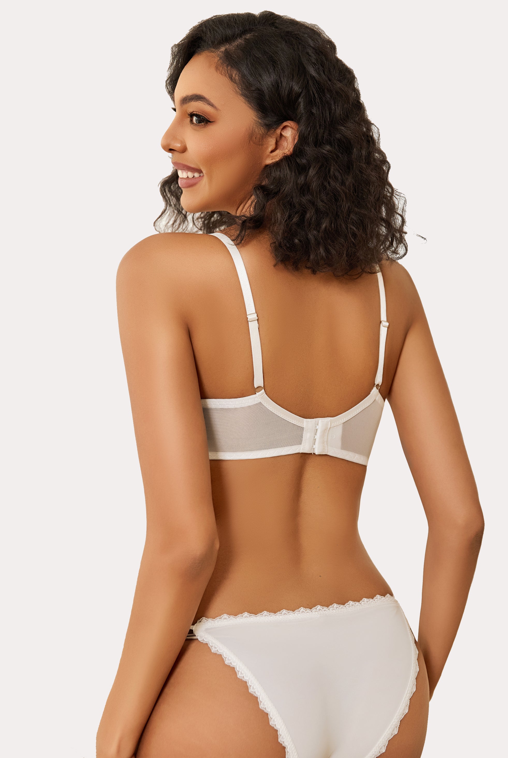 White minimizer bra and panty set for large breasts with sheer design. Sexy lingerie.