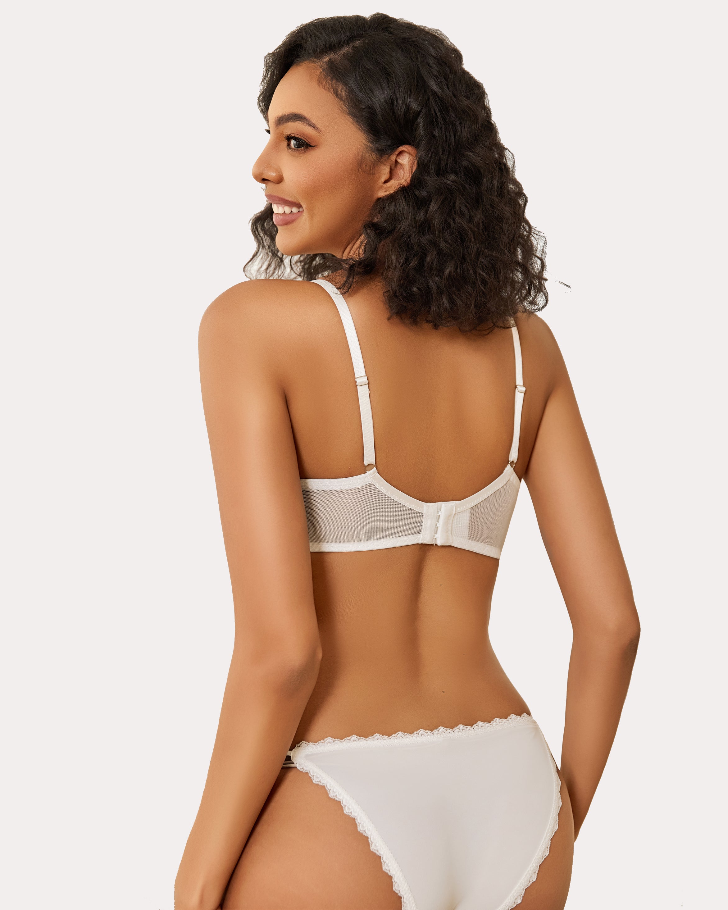 White minimizer bra and panty set for large breasts with sheer design. Sexy lingerie.