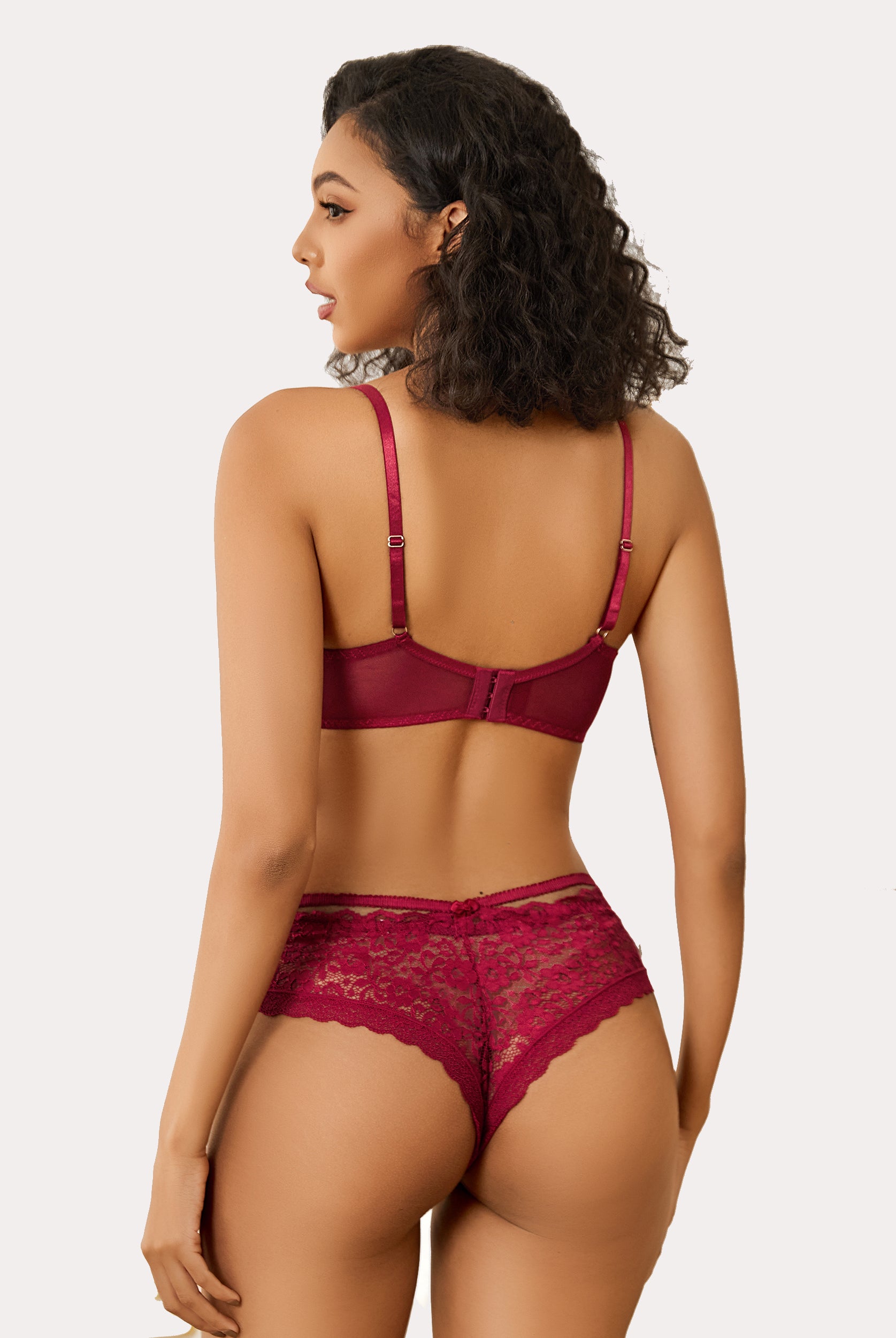 Burgundy minimizer bra and panty set with lace design for large breasts. Sexy lingerie.