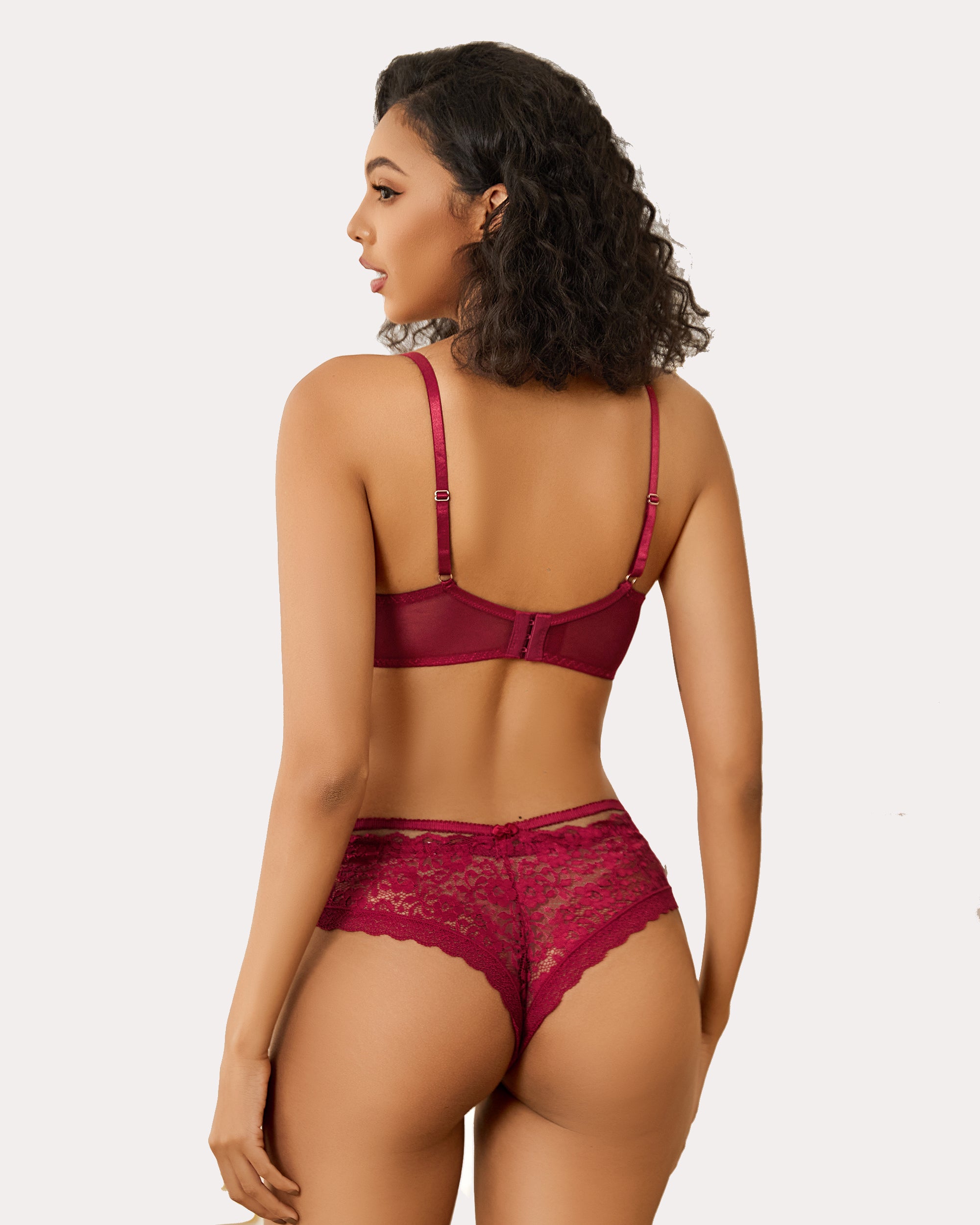Burgundy minimizer bra and panty set with lace design for large breasts. Sexy lingerie.