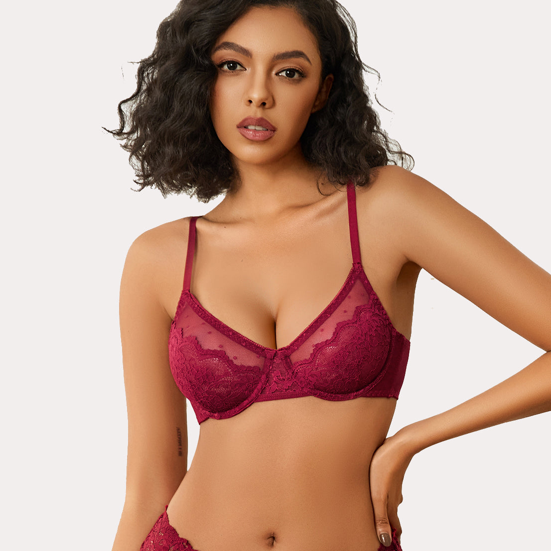Burgundy lace minimizer bra and panty set for large breasts. Sheer design lingerie.