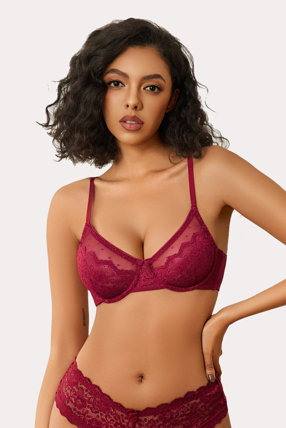 Burgundy lace minimizer bra and panty set for large breasts. Sheer design lingerie.