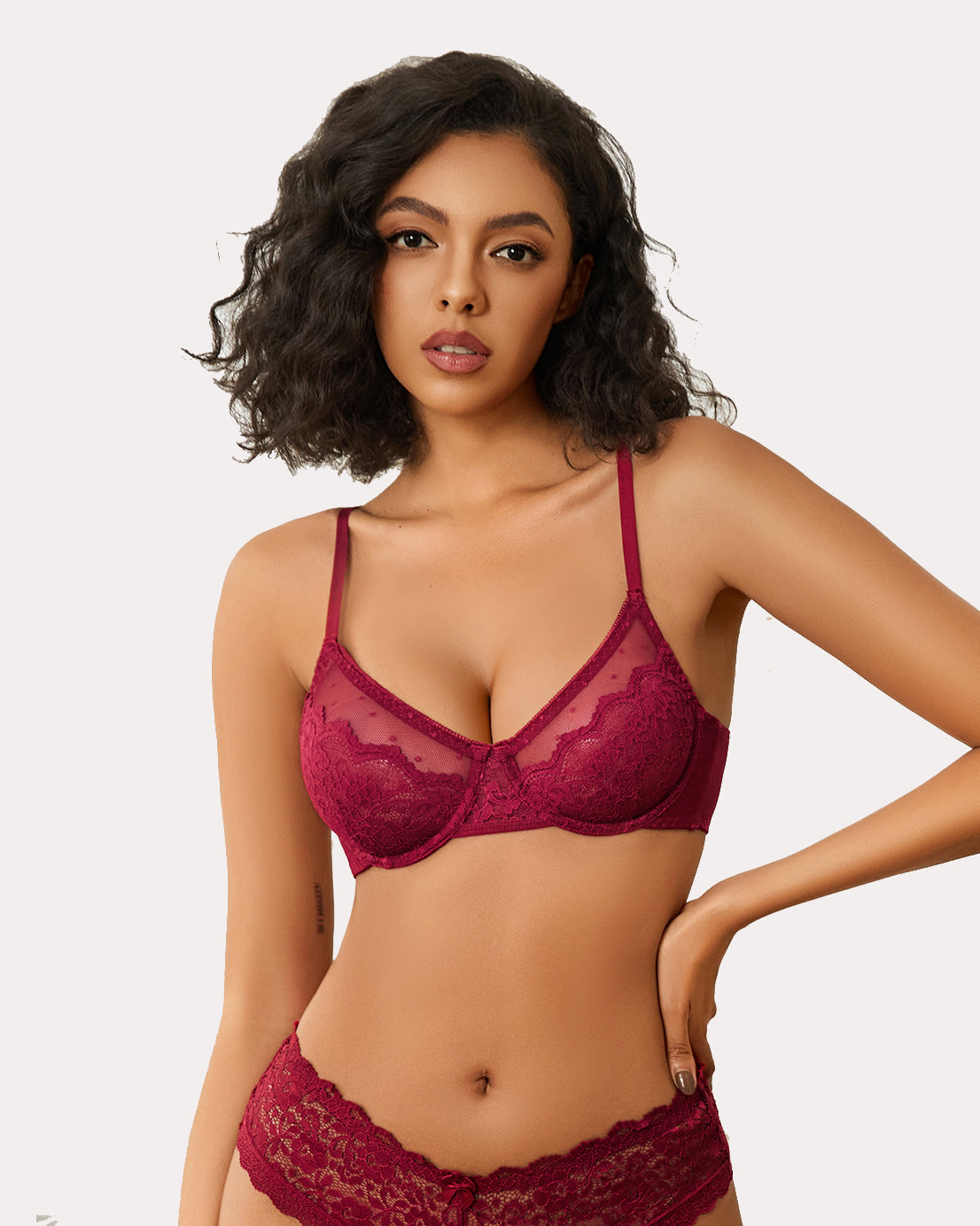 Burgundy lace minimizer bra and panty set for large breasts. Sheer design lingerie.