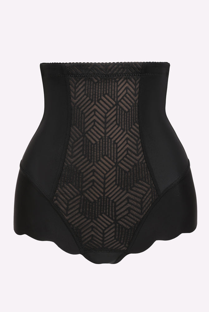 Black tummy control shapewear with patterned center panel, seamless design, and scalloped edges.