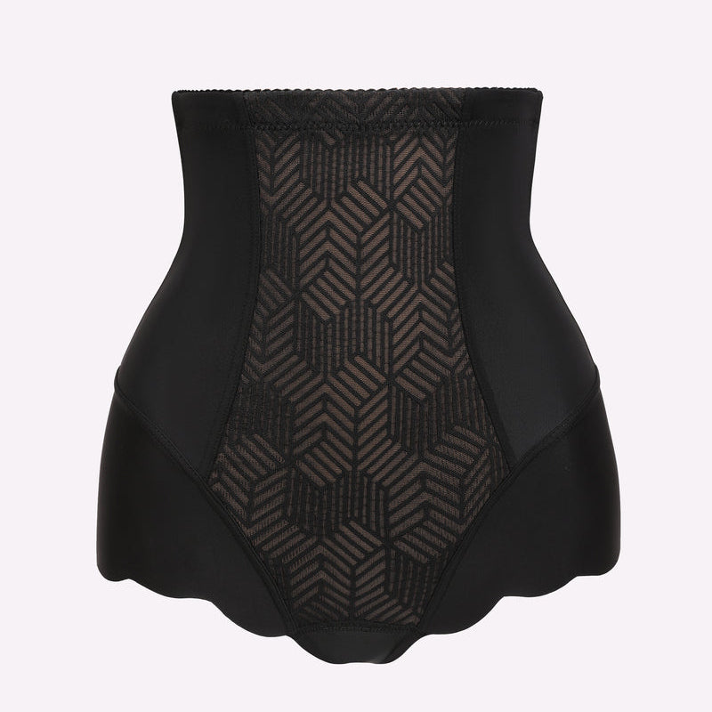 Black tummy control shapewear with patterned center panel, seamless design, and scalloped edges.